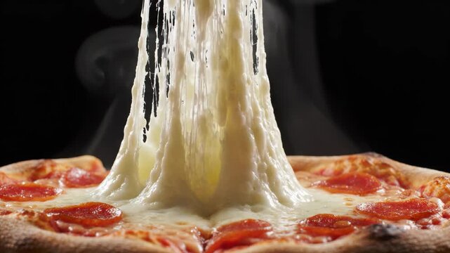 Hot pizza slice cheese pull macro shot with melted mozzarella on