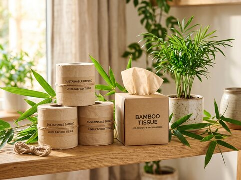 Eco-friendly unbleached bamboo tissue rolls and box set placed on wooden shelf with green plants.