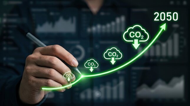 Business analyst drawing a graph showing carbon emission reduction goals for 2050