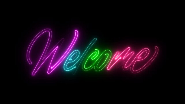 Neon welcome sign with pink turquoise and green glowing script on black text