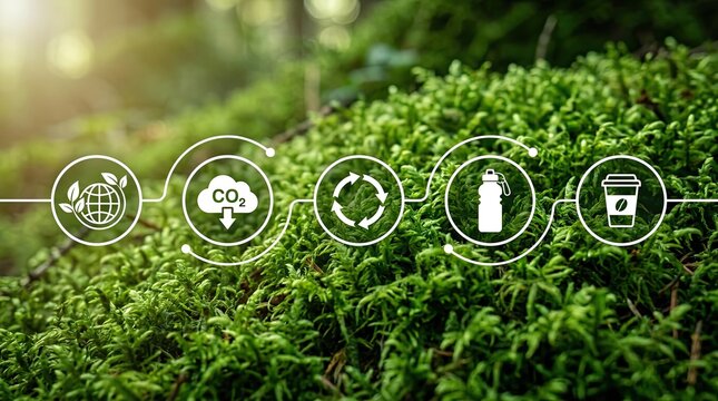 Sustainability icons showing carbon reduction and recycling on a mossy forest floor