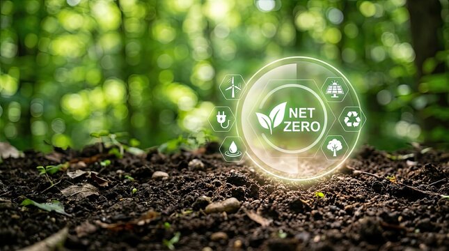 Net zero concept illustrated by digital icons above fertile soil in a forest with solution