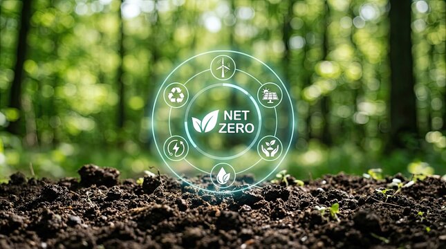 Circular net zero sustainability graphic displayed over forest soil with sustainability