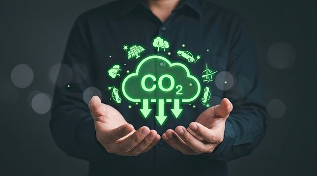 Person holding a glowing co2 reduction icon representing climate action with sustainabilit