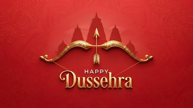 Happy Dussehra Golden Bow and Arrow on Red Background with Faint Temple Dome Silhouette