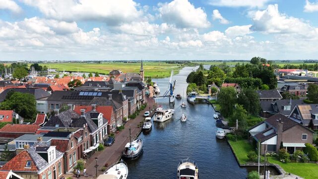 Aerial view of a historic watersports village in the Netherlands