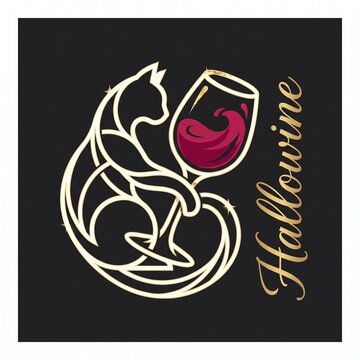 Hallowine elegant cat illustration with red wine glass, gold line art feline silhouette on black background, spooky luxury holiday party graphic