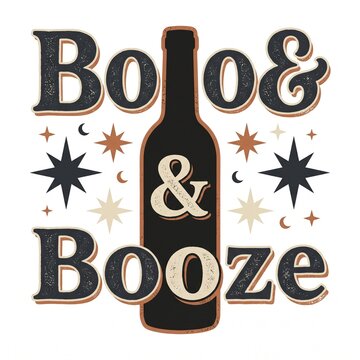 Retro Halloween Boo and Booze typography, vintage wine bottle graphic with celestial stars, spooky party invitation design element