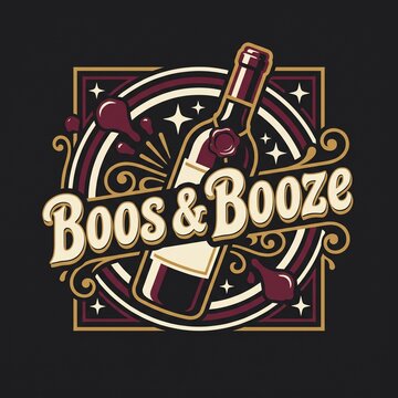 Vintage Boos and Booze Halloween wine label, retro aesthetic alcohol bottle illustration, spooky party graphic with elegant typography