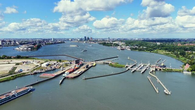 Aerial view of the Oranjesluizen in Amsterdam, the Netherlands