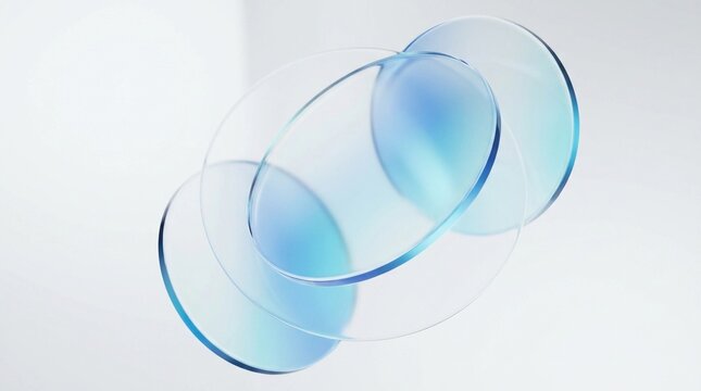 3D transparent glass circles lens stack on white minimal background