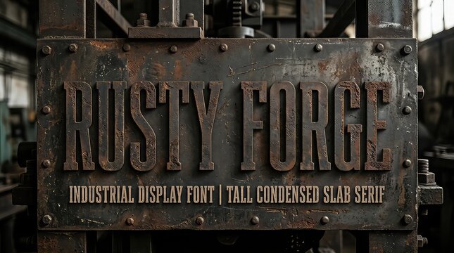 Rusty metal plate with industrial display font