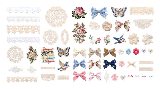 Set of vintage lace ribbons, embroidered floral patches, bows, and decorative elements isolated on white isolated on transparent background