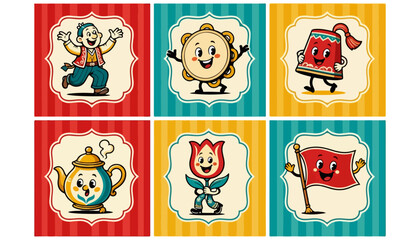 Obraz premium Cute Vintage Cartoon Character Collection with Dancer, Smiling Sun, Red Book, Teapot, Flower and Dancing Flag 