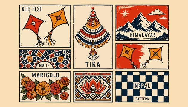 Nepalese Heritage Vintage Poster Collection with Kites, Tika, Marigold Flowers, Himalayan Mountains and Traditional Cultural Symbols

