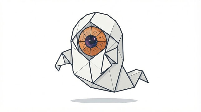 Geometric low-poly one-eyed ghost with a cosmic galaxy eye, cute monster vector illustration, isolated on white background