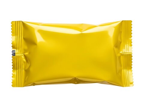 A single yellow plastic candy wrapper isolated against a white background
