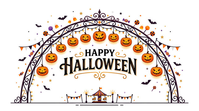 Happy halloween banner featuring a decorative archway hung with multiple smiling jackolantern pumpkins