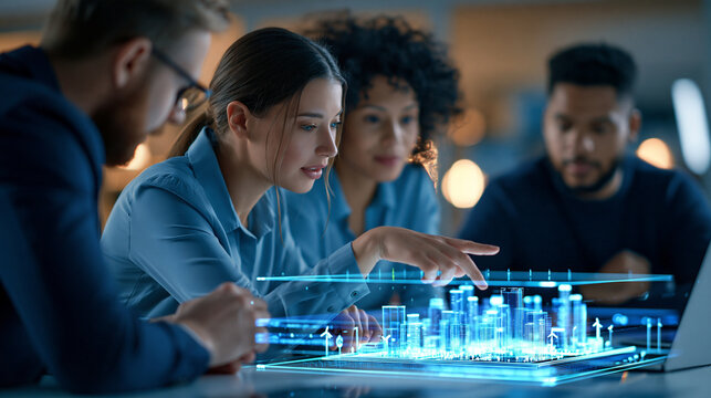 Faceless multidisciplinary technology team collaborating around a holographic city model, AI analytics, renewable energy grid, smart mobility and cybersecurity layers, digital