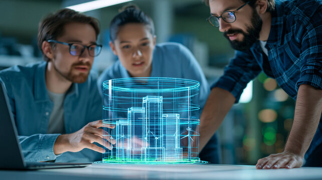 Faceless multidisciplinary technology team collaborating around a holographic city model, AI analytics, renewable energy grid, smart mobility and cybersecurity layers, digital