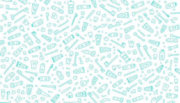 Dental hygiene pattern features toothbrushes toothpaste and teeth on a light blue background