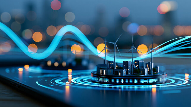Close-up of a futuristic digital interface showing electricity demand curves and renewable energy production over a miniature city, energy analytics, smart grid management, data