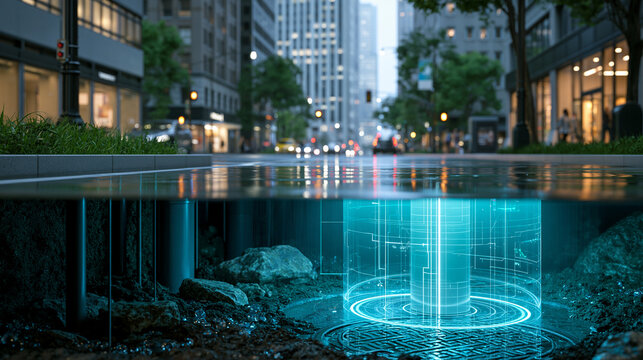 Futuristic smart stormwater monitoring system beneath an urban street, embedded sensors tracking water flow and rainfall data, climate resilience, IoT infrastructure, intelligent