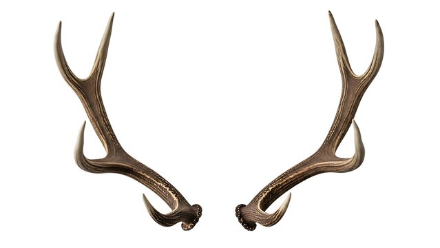 A pair of symmetrical brown deer antlers isolated against a clean white background