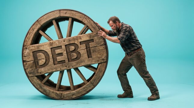 Man struggling to push large wooden debt wheel
