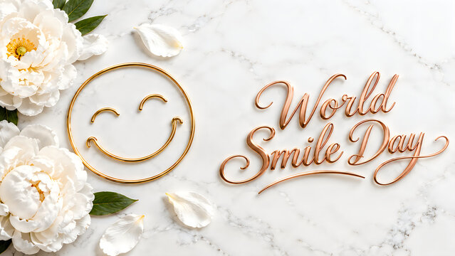 World Smile Day elegant celebration banner, rose gold 3D lettering on white marble background, luxury floral greeting card with smiley face icon