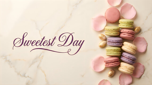 Sweetest Day greeting card with colorful French macarons, elegant pastel almond macaroons on marble background, romantic dessert flat lay with rose petals