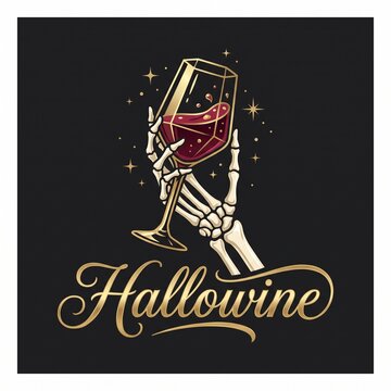 Hallowine spooky skeleton hand holding red wine glass, gothic halloween party illustration, macabre bone hand with alcoholic drink and gold stars