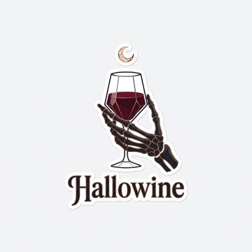 Hallowine spooky aesthetic sticker, skeleton hand holding red wine glass, gothic halloween party graphic with crescent moon and dark typography