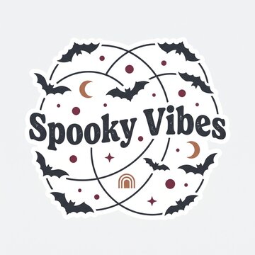 Spooky Vibes Halloween sticker design, celestial bat and moon illustration, boho aesthetic occult graphic with stars and mystical elements