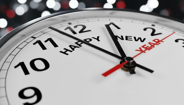 New Year clock close-up, Happy New Year text, red hands countdown time concept background