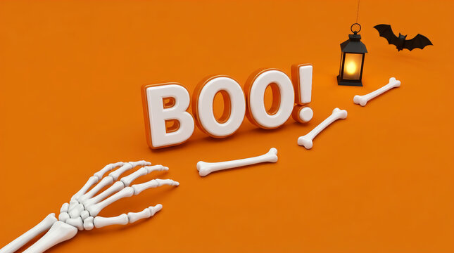 Eerie Halloween concept featuring 3d boo text, a glowing lantern, and a skeleton hand reaching out with scattered bones on a bright orange surface for spooky holiday art.