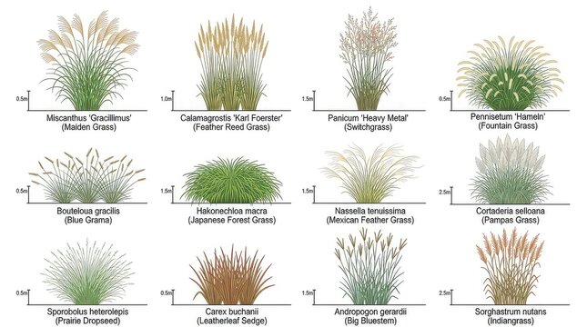 Ornamental grasses vector set in elevation view