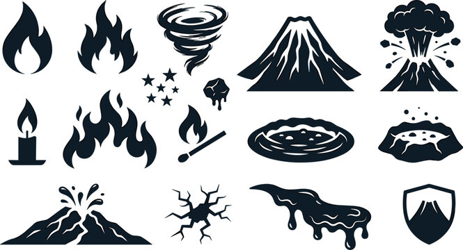 Natural Disaster and Fire Hazard Silhouette Vector Icon Set Featuring Volcano Eruptions, Lava Flow, Tornado, Cracks, Bonfire, and Candle Elements