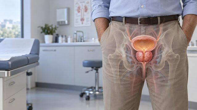 Transparent anatomical view of pelvic area showing prostate gland and urethra in man