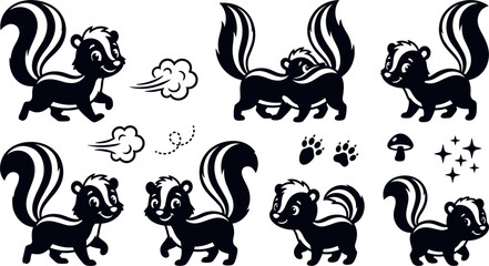 Obraz premium Cute Skunk Cartoon Silhouette Vector Icon Set Featuring Friendly Animal Characters, Smelly Odor Gas Clouds, Paw Prints, and Forest Elements