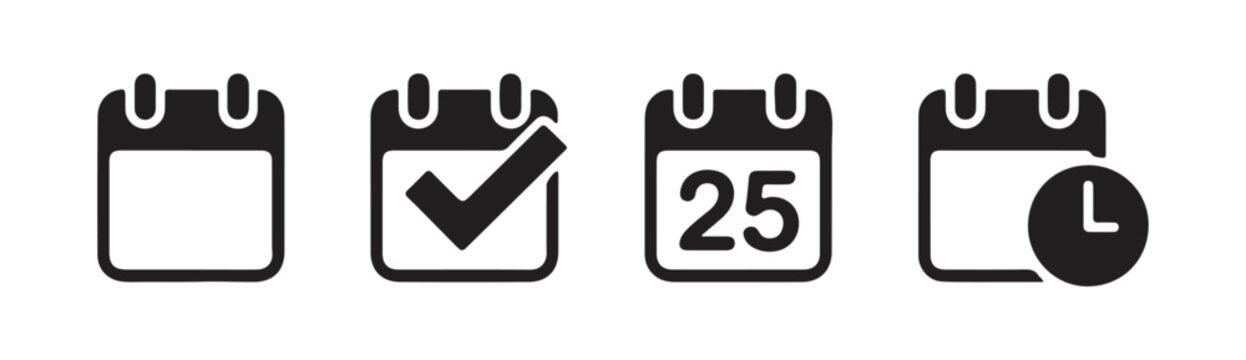 Black calendar vector icons with checkmark, date and time symbols for scheduling tasks.