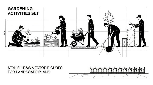 People gardening in vector illustrations