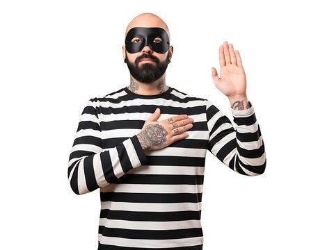 A bearded man dressed as a burglar taking a solemn oath with his hand raised
