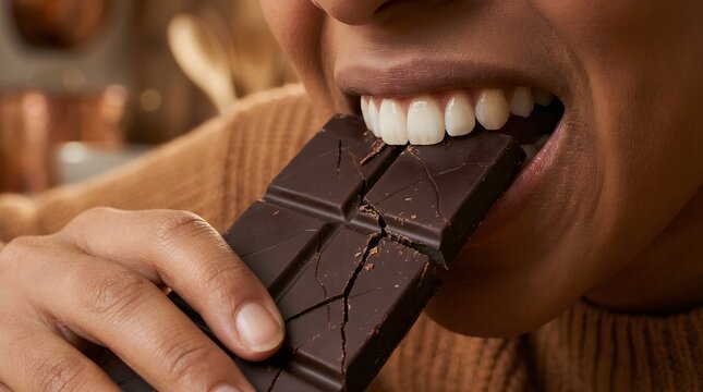 Person taking bite of dark chocolate bar indoors   
