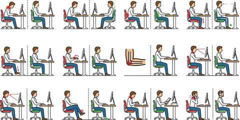 Fototapeta premium Correct vs Incorrect Sitting Posture Ergonomics Illustration Set for Office