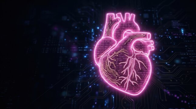A glowing pink digital heart made of binary code and circuit patterns for medical technology concepts