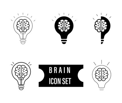 Brain in light bulb icon set