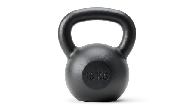Black 16 kg kettlebell weight equipment isolated on white background
