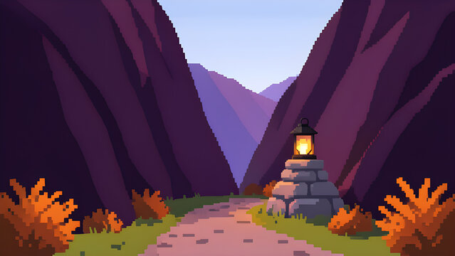 Twilight mountain pass with a solitary lantern