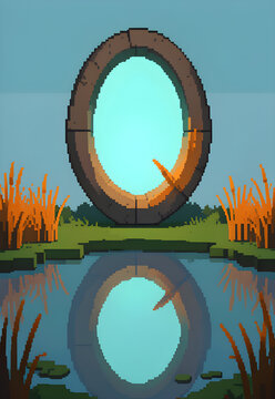 Magic doorway floating over quiet water